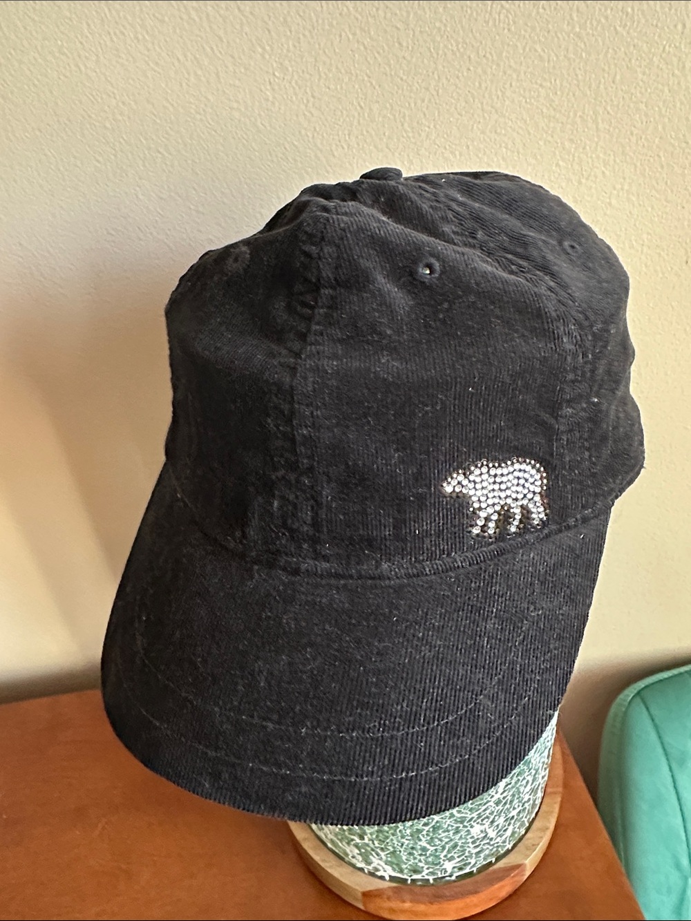 Black Corduroy Hat with Rhinestone Bear Accent and GTRS on back